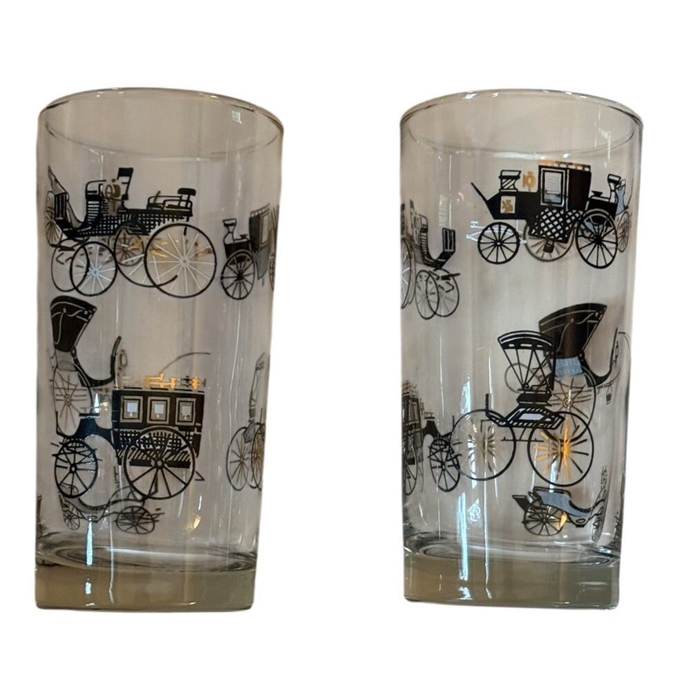 VTG Black Gold Buggy Cars Horseless Carriage Carriage Barware Tumblers (2) AACA‎